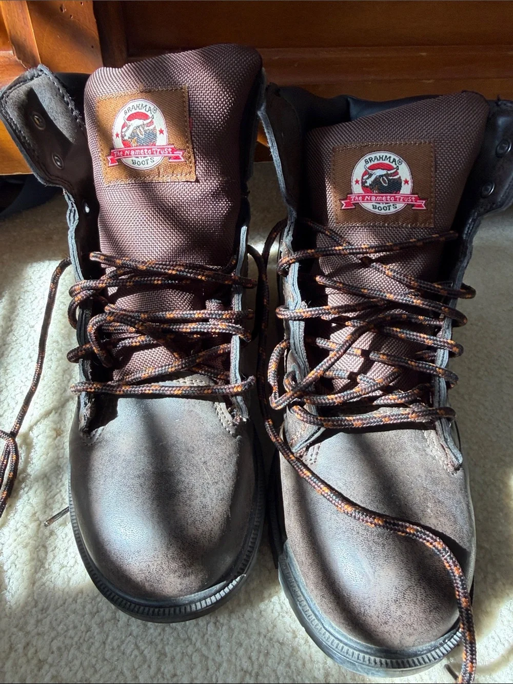 Brahma Brown and Black Men's Work Boots with Orange-Black Laces